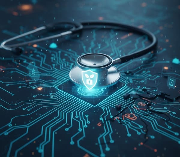A stethoscope positioned over a glowing circuit board with a central security shield icon, representing HIPAA compliance and healthcare IT governance.