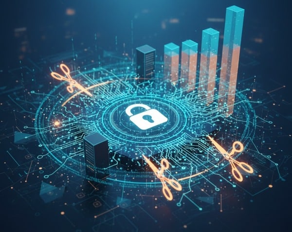 A digital visualization of a lock and circuit board with rising financial charts and orange scissor icons, symbolizing IT vendor contract optimization and cost-cutting strategies.