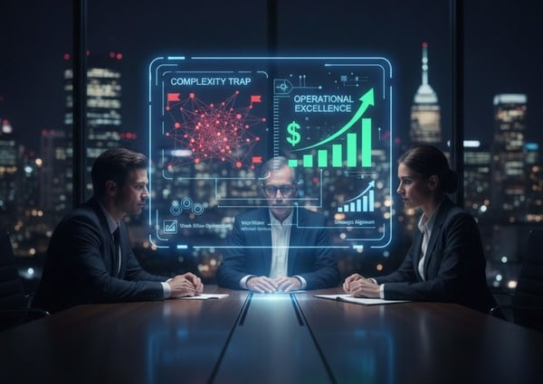Three business executives in a modern boardroom analyzing a digital dashboard that contrasts a red "Complexity Trap" network with a green "Operational Excellence" growth chart and ROI metrics for Business Link Consulting.