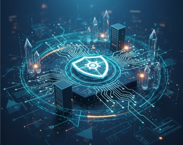 Abstract digital shield on a circuit board representing secure IT strategy and compliance for banking and financial institutions.
