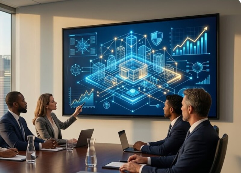 Strategic IT governance framework for a US financial institution, visualized as a futuristic digital blueprint on a boardroom display screen with a city skyline at sunset.
