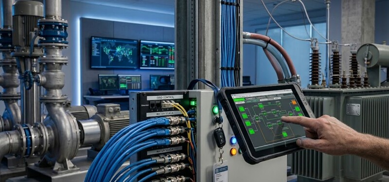 A realistic industrial control room showing the convergence of IT and OT systems, featuring a professional using a rugged tablet to monitor a utility grid interface alongside high-pressure water pumps and electrical transformers.